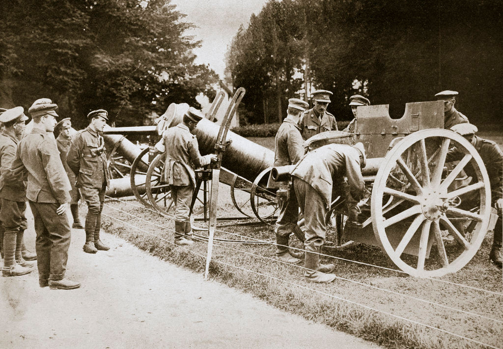 Detail of German prisoners cleaning captured guns and trench mortars by Anonymous