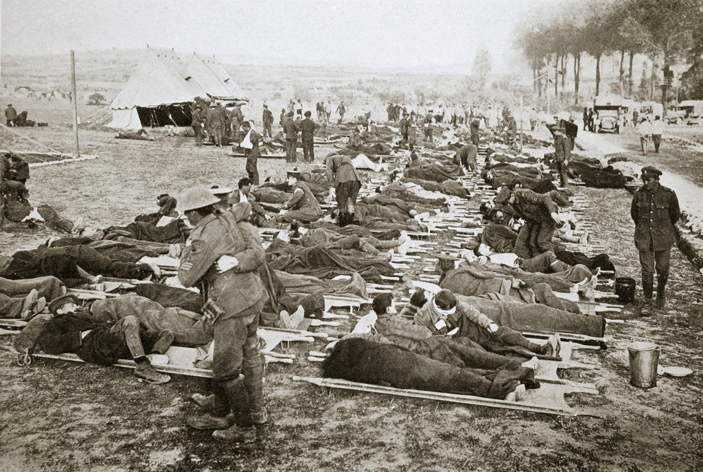Detail of Wounded men waiting to be taken away to a clearing station by Anonymous