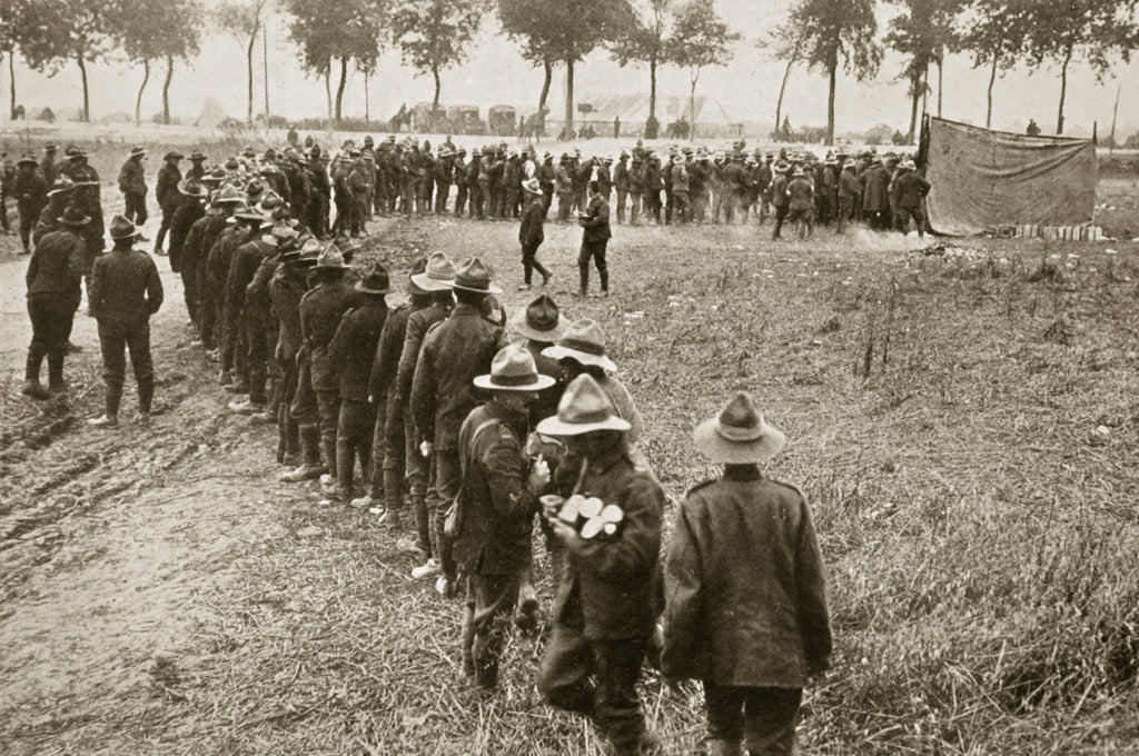 Detail of New Zealand troops queuing for a field canteen by Anonymous