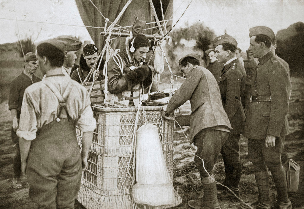 Detail of Observer of a kite-balloon testing the telephone before ascending by Anonymous