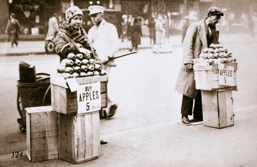 Detail of Jobless New Yorkers selling apples on the pavement by Anonymous