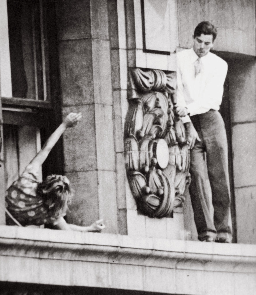 Detail of John Warde, out on a ledge on the 17th floor of the Hotel Gotham, New York, USA, 1938 by Unknown