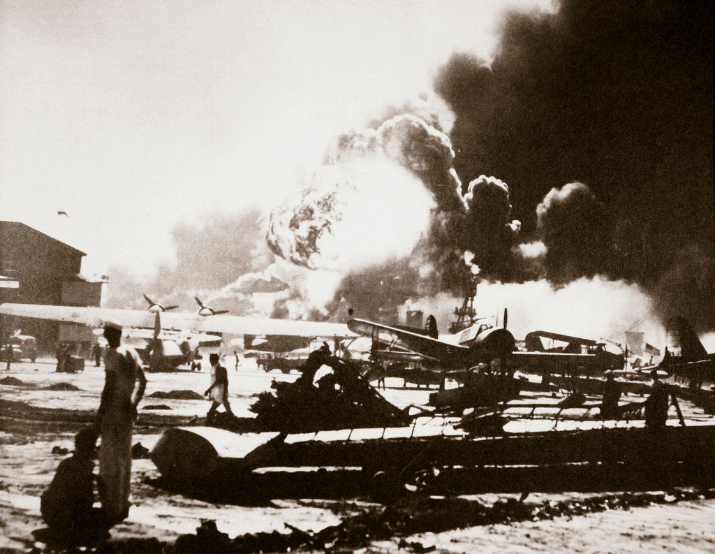 Detail of The wreckage-strewn Naval Air Station, Pearl Harbour by Anonymous