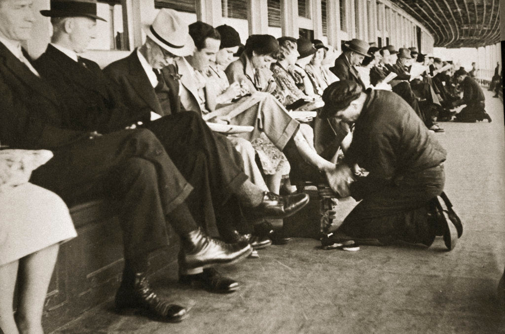Detail of Shoe shiners working on board the Staten Island Ferry by Anonymous