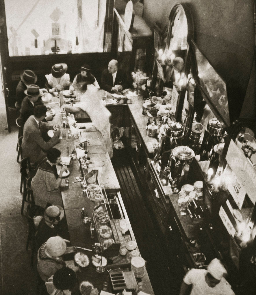 Detail of Office workers having lunch at the drug store counter by Anonymous