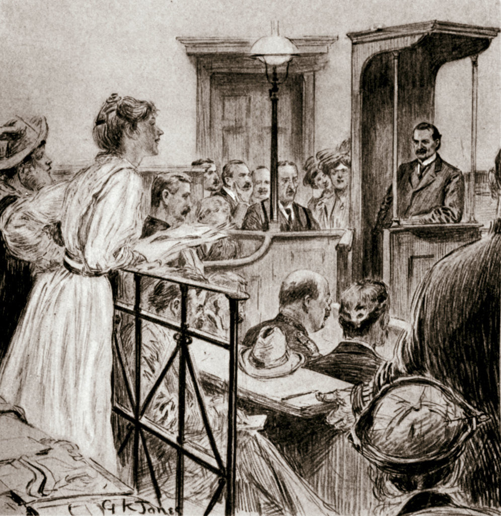 Detail of Christabel Pankhurst, British suffragette, questioning Herbert Gladstone in court by GK Jones
