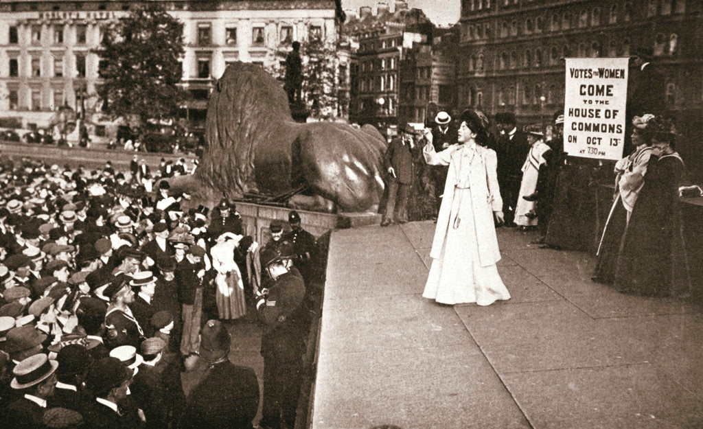 Detail of Christabel Pankhurst, British suffragette, addressing a crowd in Trafalgar Square by Anonymous