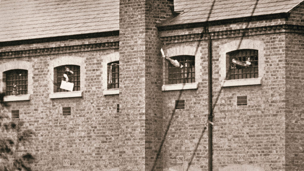 Detail of Hunger strikers waving to Christabel Pankhurst from their cells in Holloway Prison by Anonymous