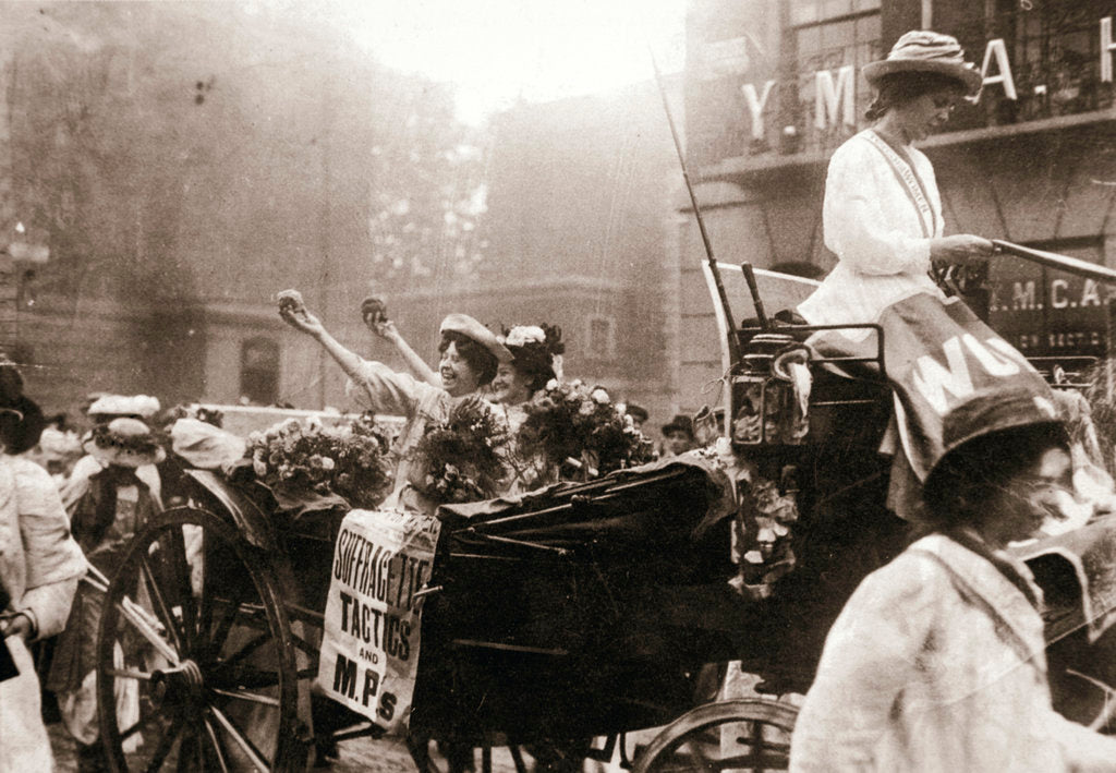Detail of Two suffragettes celebrating their release from Holloway Prison by Anonymous