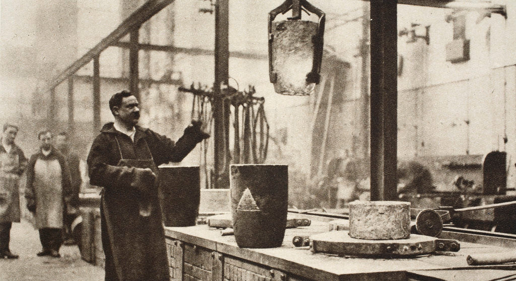 Detail of Making money; pots of liquid metal being handled in the melting room by Anonymous