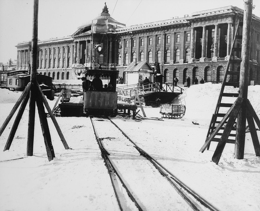 Detail of Suburban train station in fornt of the Academy of Arts, St Petersburg, Russia, c1896-c1898 by Unknown