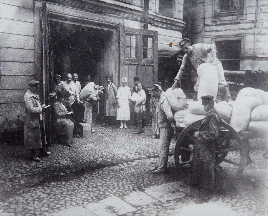Detail of Unloading food, the House of Scientists, Petrograd, Russia, c1920-c1924(?) by Unknown