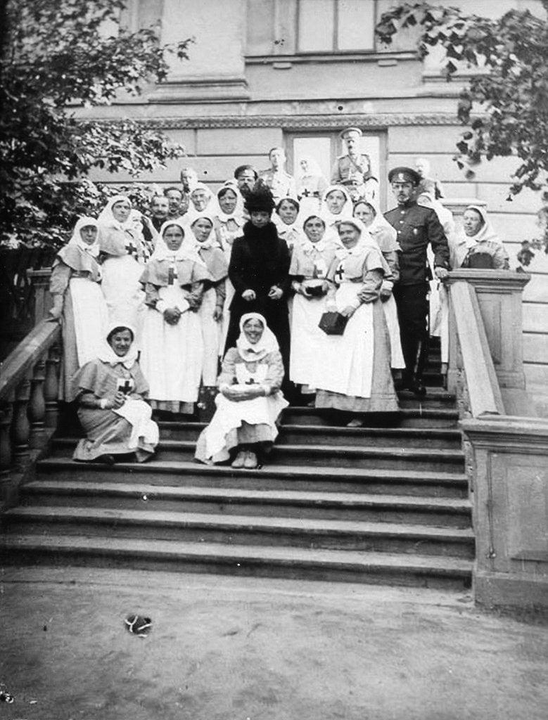Detail of Dowager Empress Maria Feodorovna of Russia with nurses outside a hospital, Russia, 1916 by Unknown