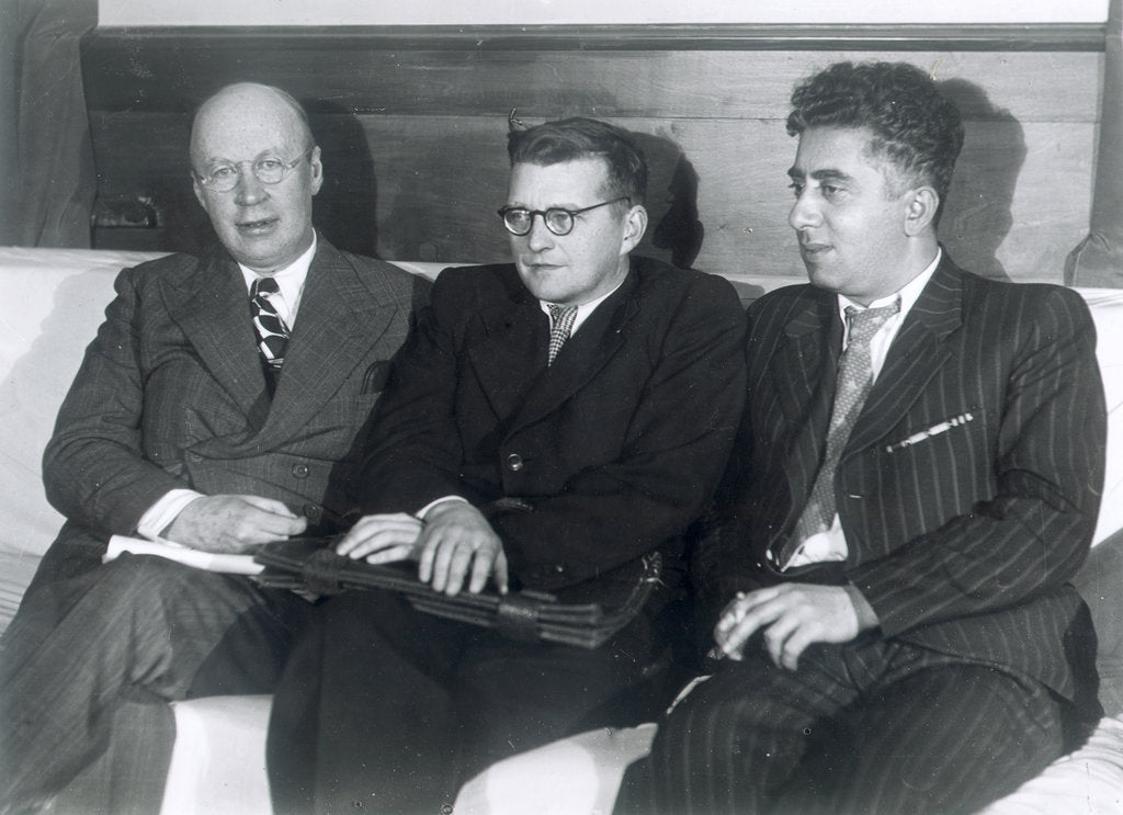 Detail of Sergei Prokofiev, Dmitri Shostakovich and Aram Khachaturian, Russian composers, 1945 by Unknown