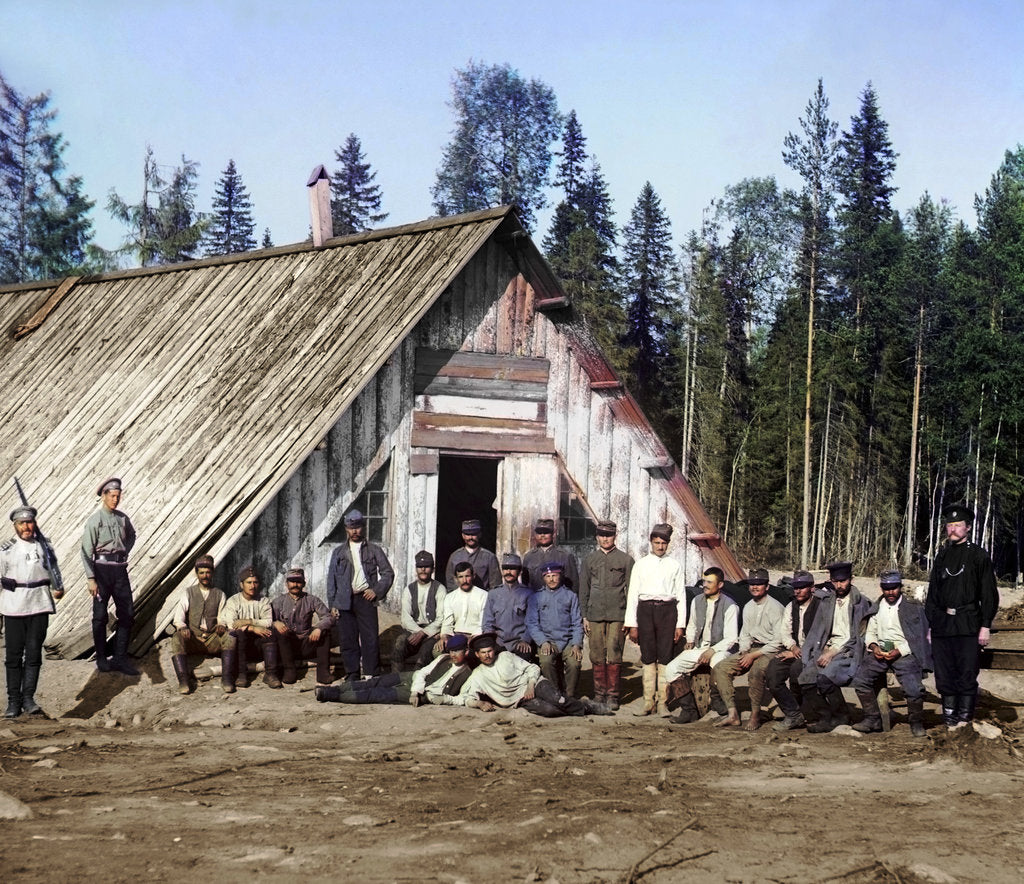 Detail of Austro-Hungarian prisoners of war near a barracks, Karelia, Russia, WWI, 1915. by Sergey Mikhaylovich Prokudin-Gorsky