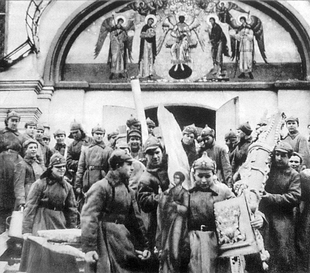 Detail of Red Army men confiscating church treasures of the Simonov monastery, Moscow, USSR, 1925 by Anonymous