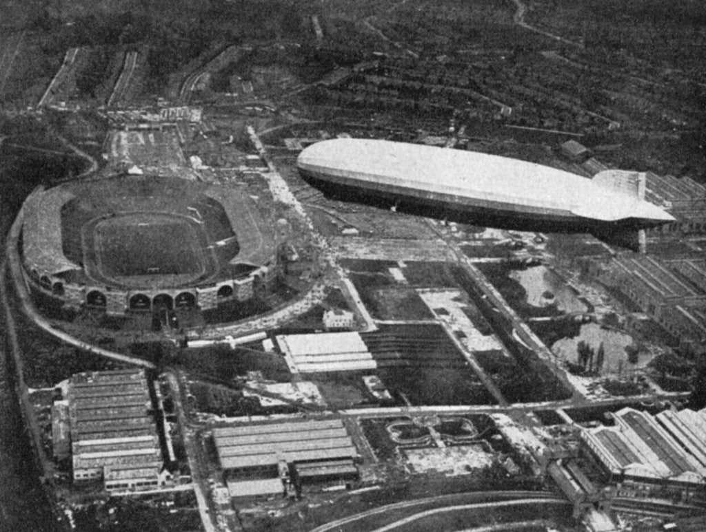 Detail of German airship 'Graf Zeppelin' flying over Wembley during the FA Cup Final, London by Central Press