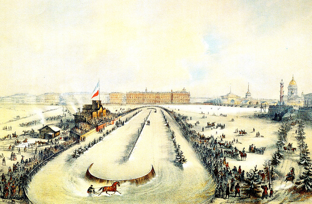 Detail of Horse racing on the frozen Neva River in St Petersburg, Russia, 1859. by Iosif Adolfovich Charlemagne