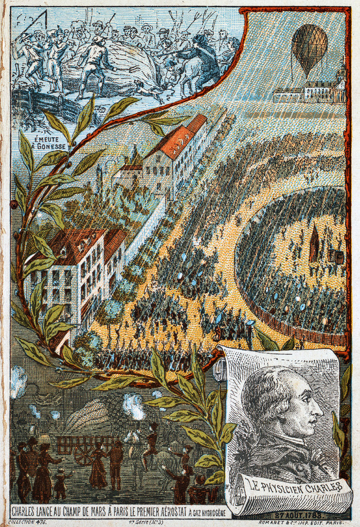 Detail of Jacques Charles launches his first aerostat from the Champ de Mars, Paris, 1783 (1890s). by Anonymous