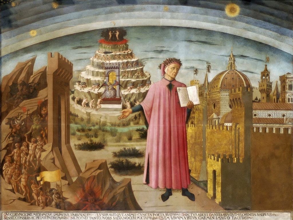 Detail of Dante and the Divine Comedy (The Comedy Illuminating Florence) by Domenico di Michelino