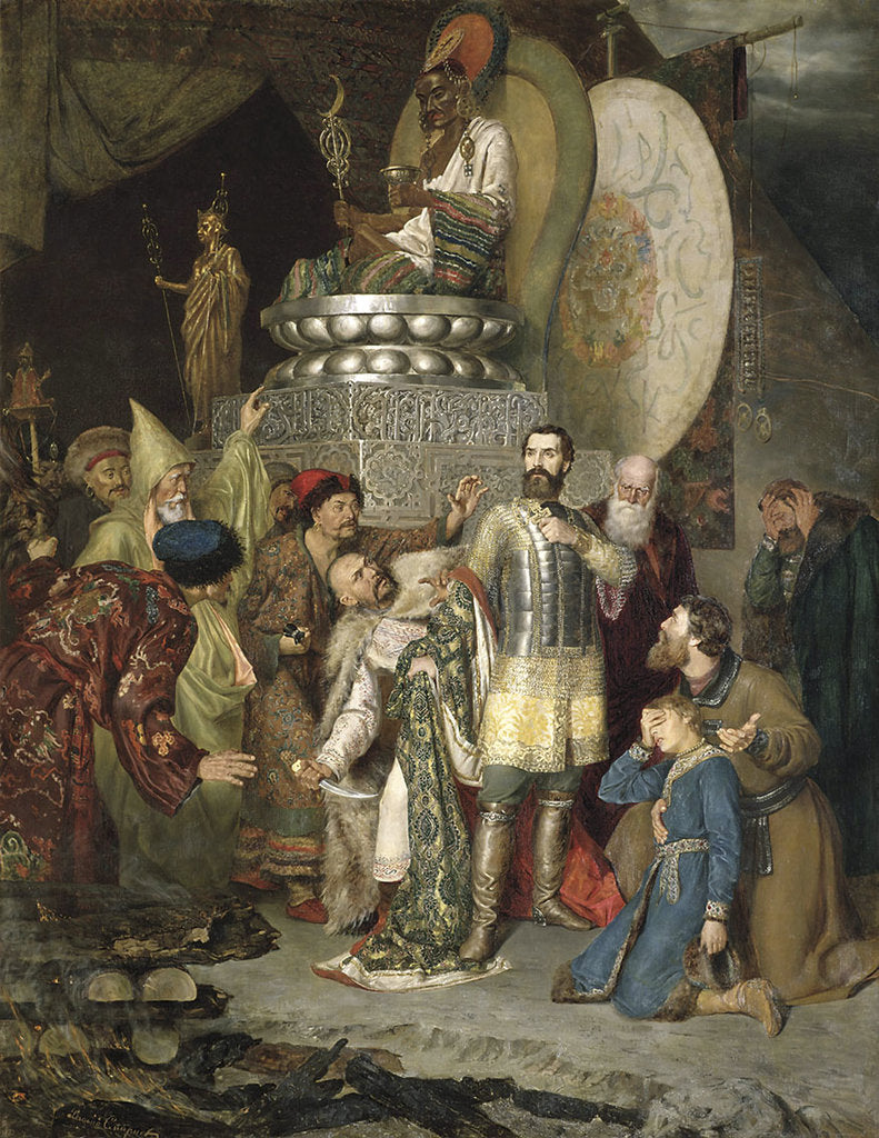 Detail of Prince Michael of Chernigov at the camp of Batu Khan, 1246 (1883). by Vasily Smirnov