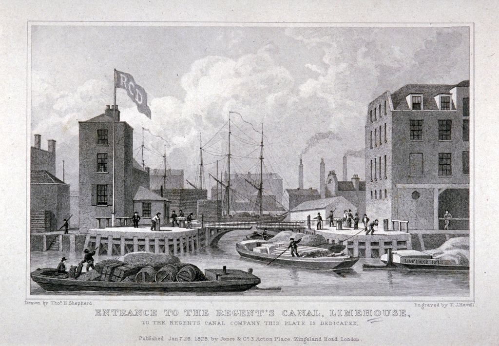 Detail of Entrance to Regent's Canal Dock, Limehouse, London by Frederick James Havell