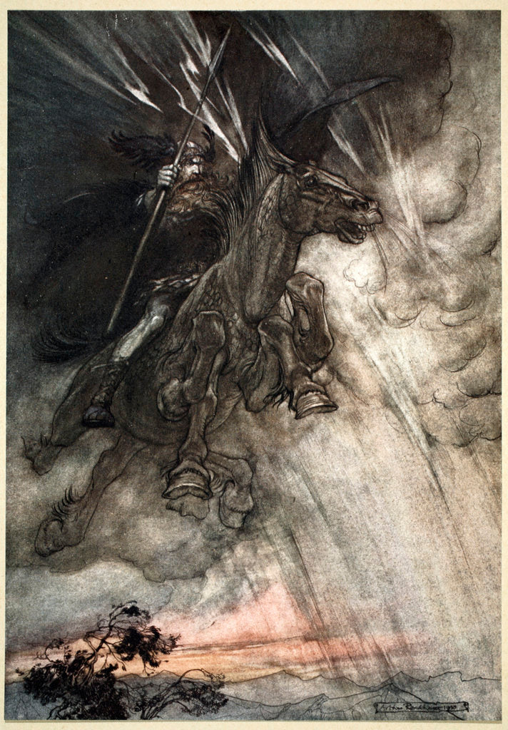 Detail of Raging, Wotan Rides to the Rock! Like a Storm-wind he comes! by Arthur Rackham