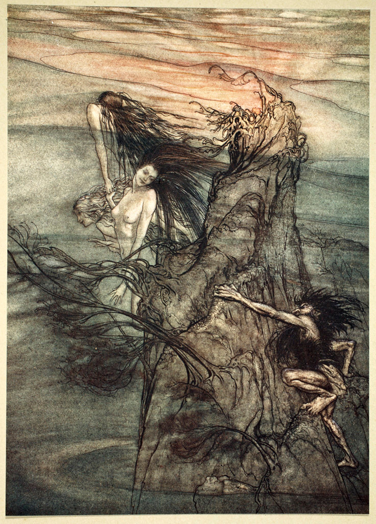 Detail of Mock away! Mock! The Nibelung makes for your toy! by Arthur Rackham