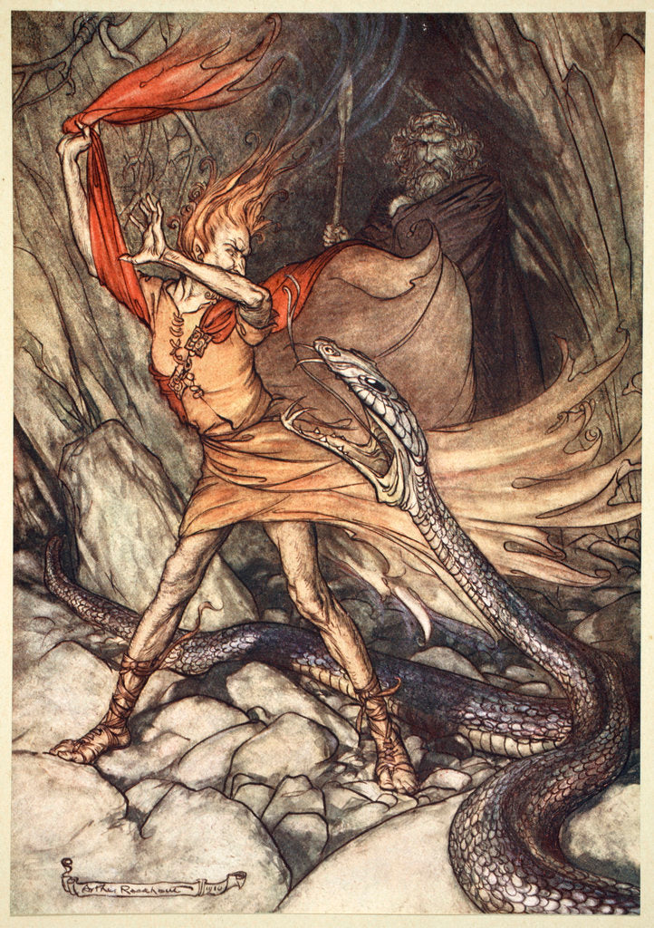 Detail of Ohe! Ohe! Horrible dragon, O swallow me not! Spare the life of poor Loge! by Arthur Rackham