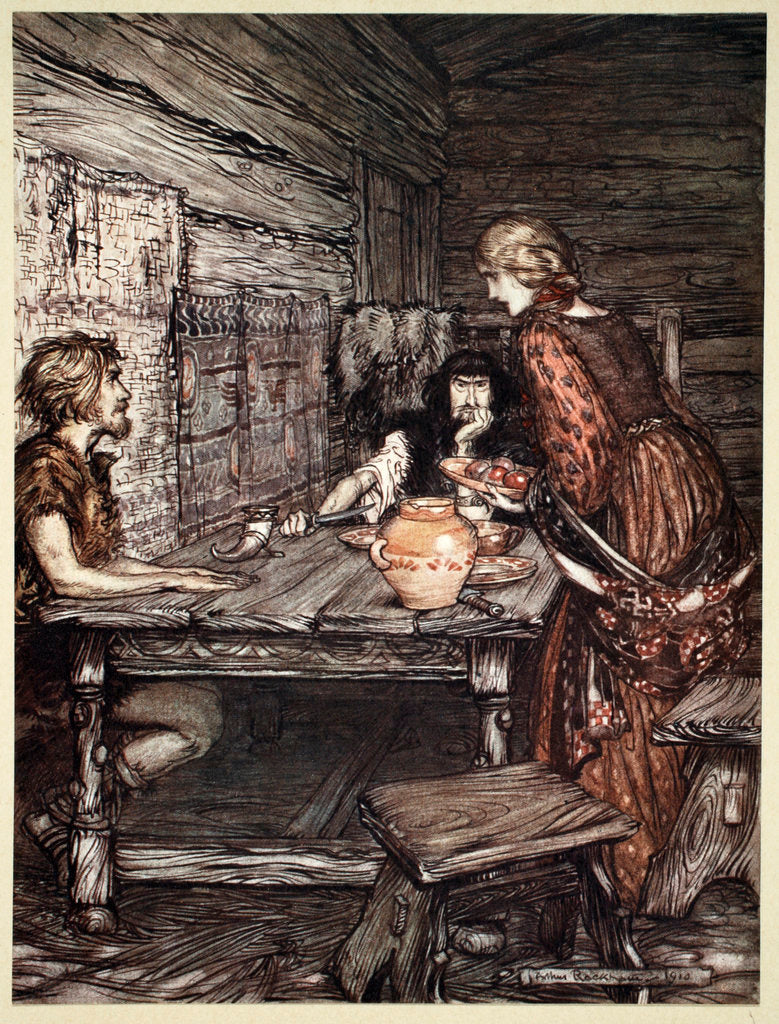 Detail of Hunding discovers the likeness between Siegmund and Sieglunde by Arthur Rackham