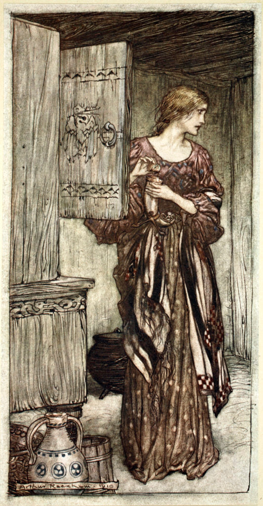 Detail of Sieglinde prepares Hunding's draught for the night by Arthur Rackham