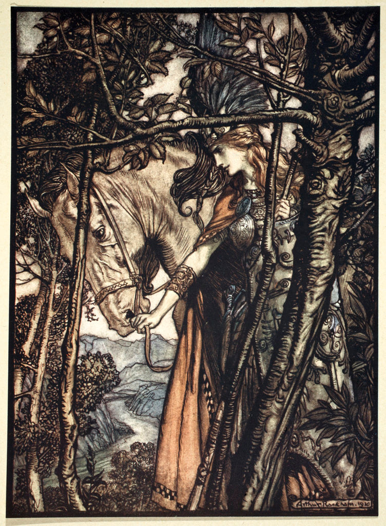 Detail of Brunnhilde slowly and silently leads her horse down the path to the cave by Arthur Rackham