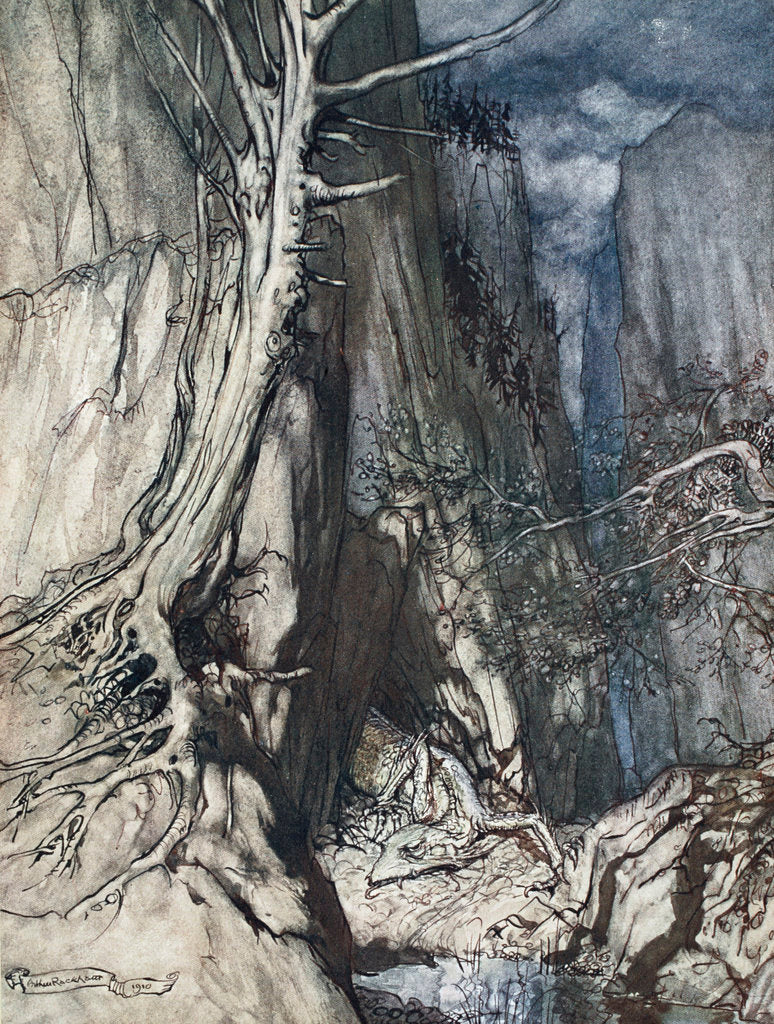 Detail of There is a dread Dragon he sojourns, and in a cave keeps watch over Alberich's ring by Arthur Rackham