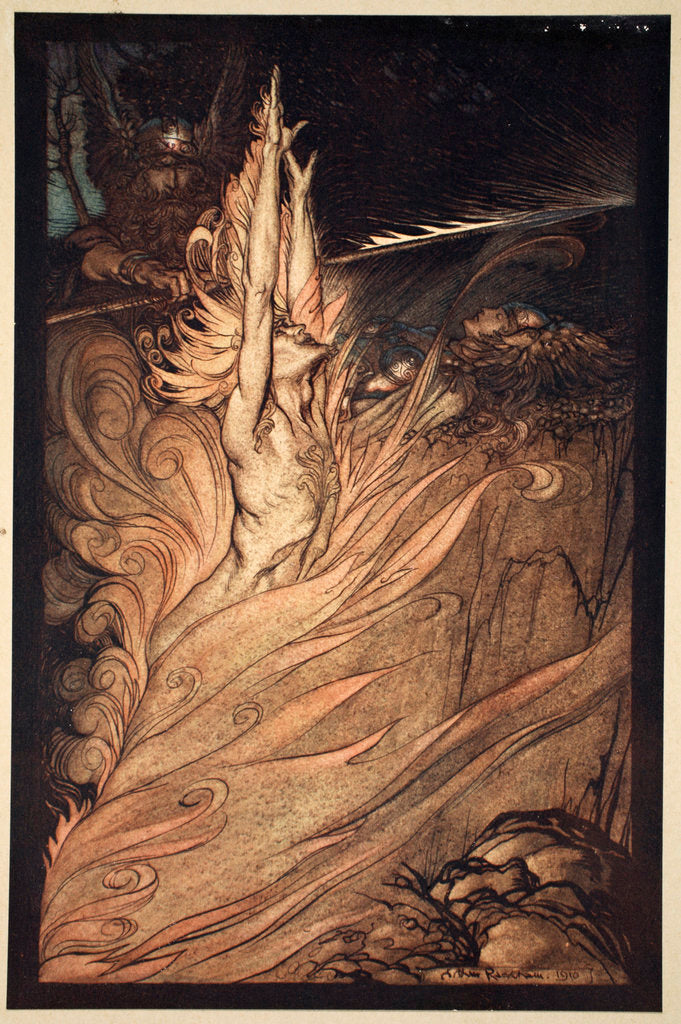 Detail of Appear, flickering fire, Encircle the rock with thy flame! Loge! Loge! Appear! by Arthur Rackham