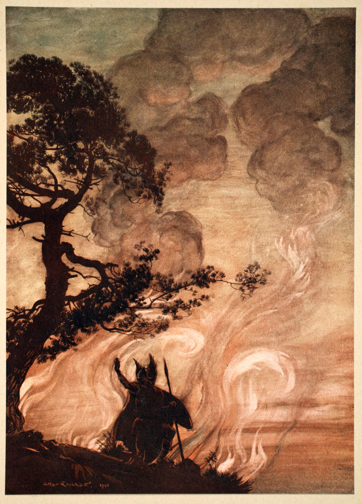 Detail of As he moves slowly away, Wotan turns and looks sorrowfully back at Brunnhilde by Arthur Rackham