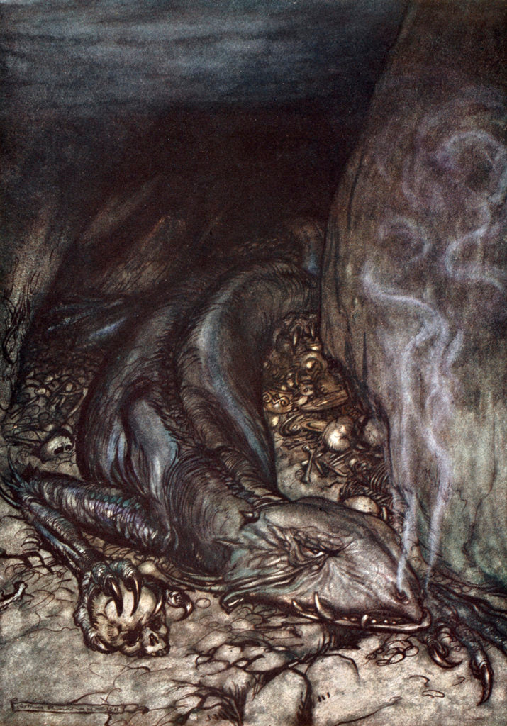 Detail of In dragon's form Fafner now watches the hoard by Arthur Rackham