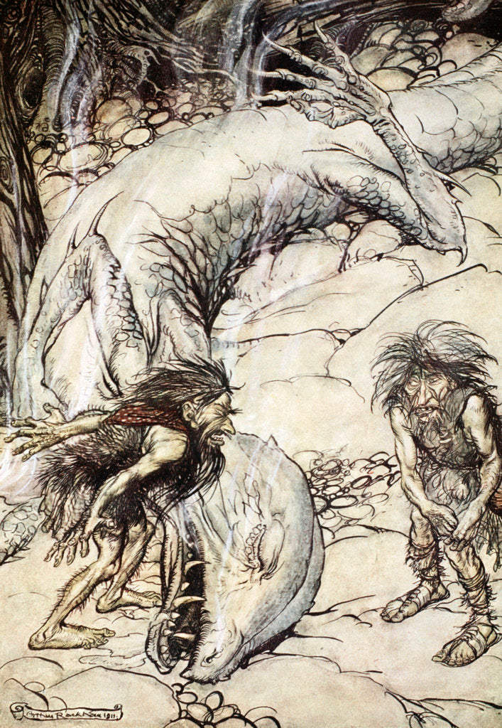 Detail of The dwarves quarrelling over the body of Fafner by Arthur Rackham