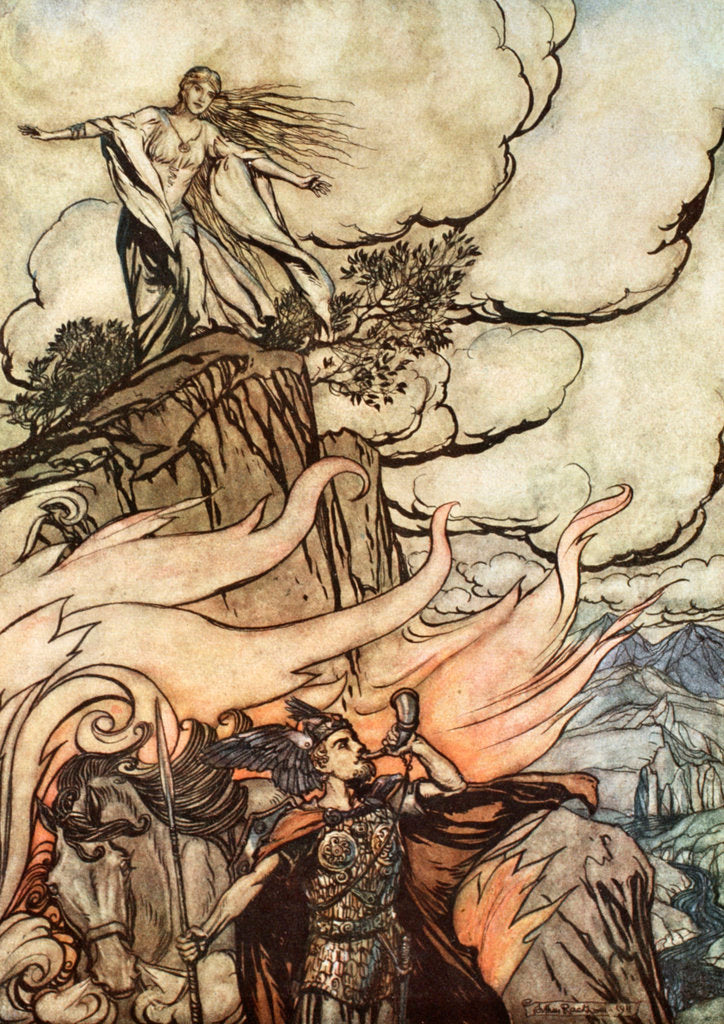 Detail of Siegfried leaves Brunnhilde in search of adventure by Arthur Rackham