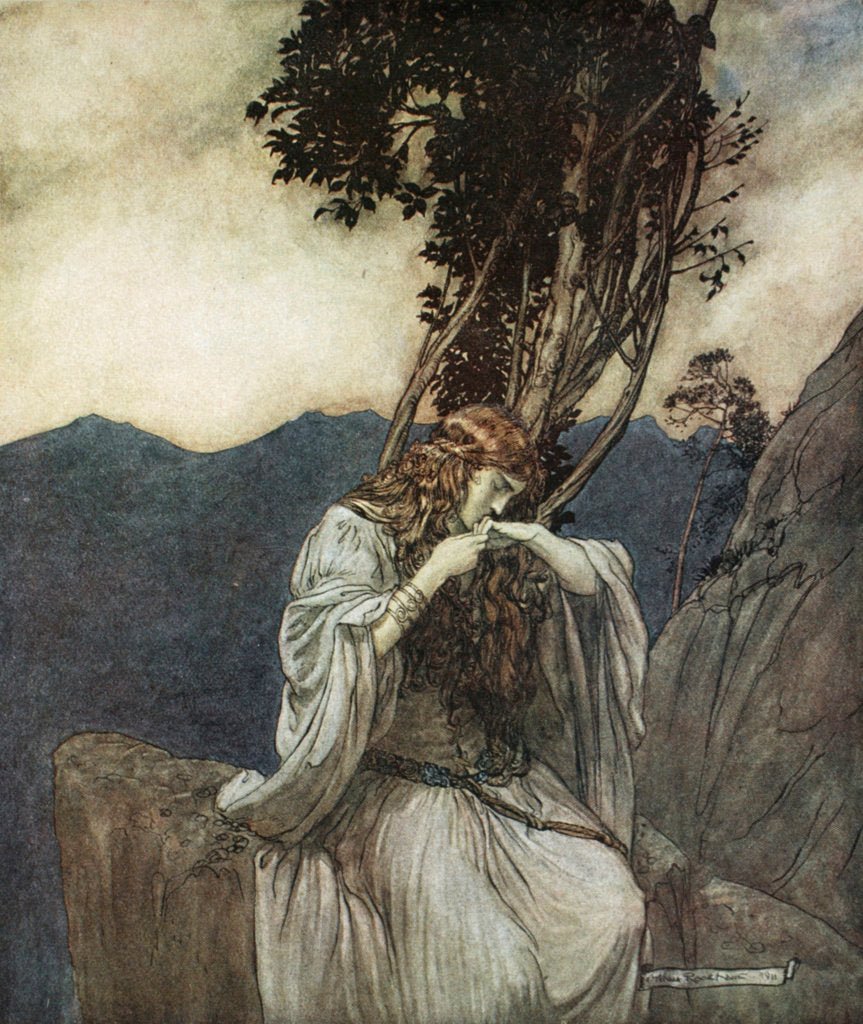 Detail of Brunnhilde kisses the ring that Siegfried has left with her by Arthur Rackham