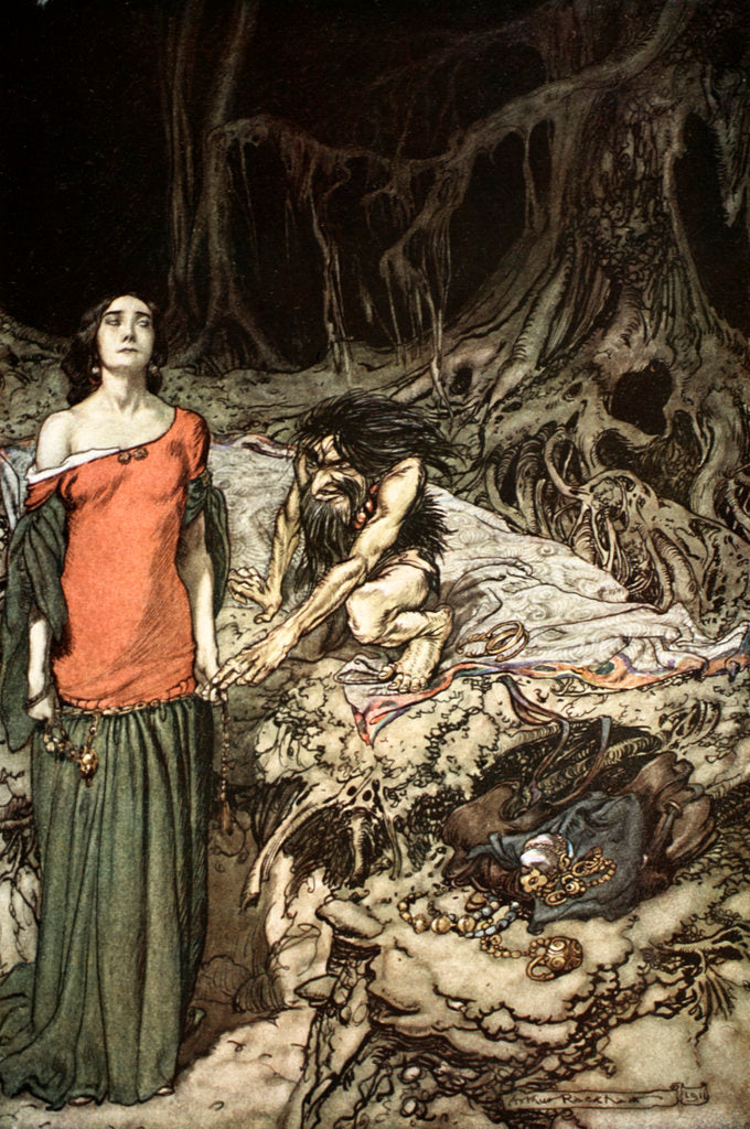 Detail of The wooing of Grimhilde, the mother of Hagen by Arthur Rackham