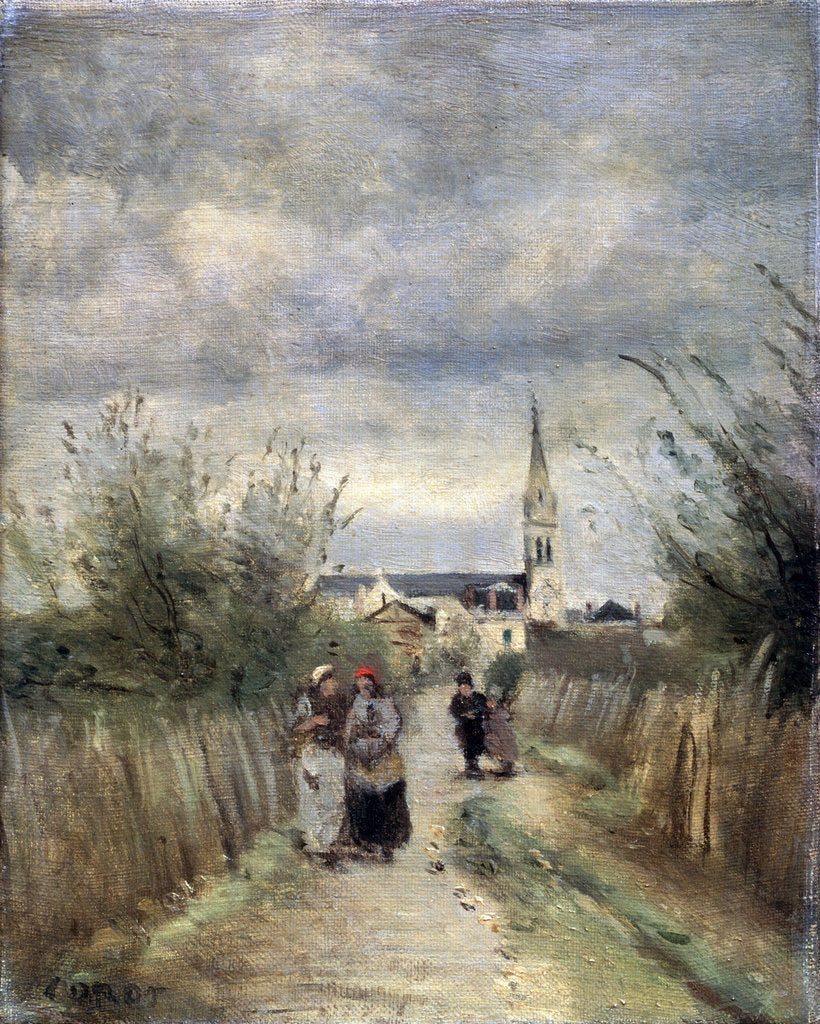 Detail of Bell tower in Argenteuil (Road to the Church), 1870s. by Jean-Baptiste-Camille Corot