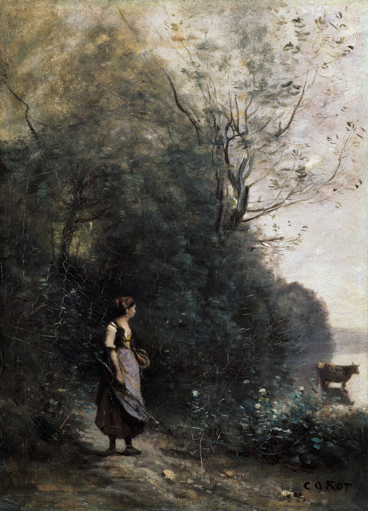 Detail of Shepherdess with a cow at the Edge of the Forest, 1865-1870. by Jean-Baptiste-Camille Corot