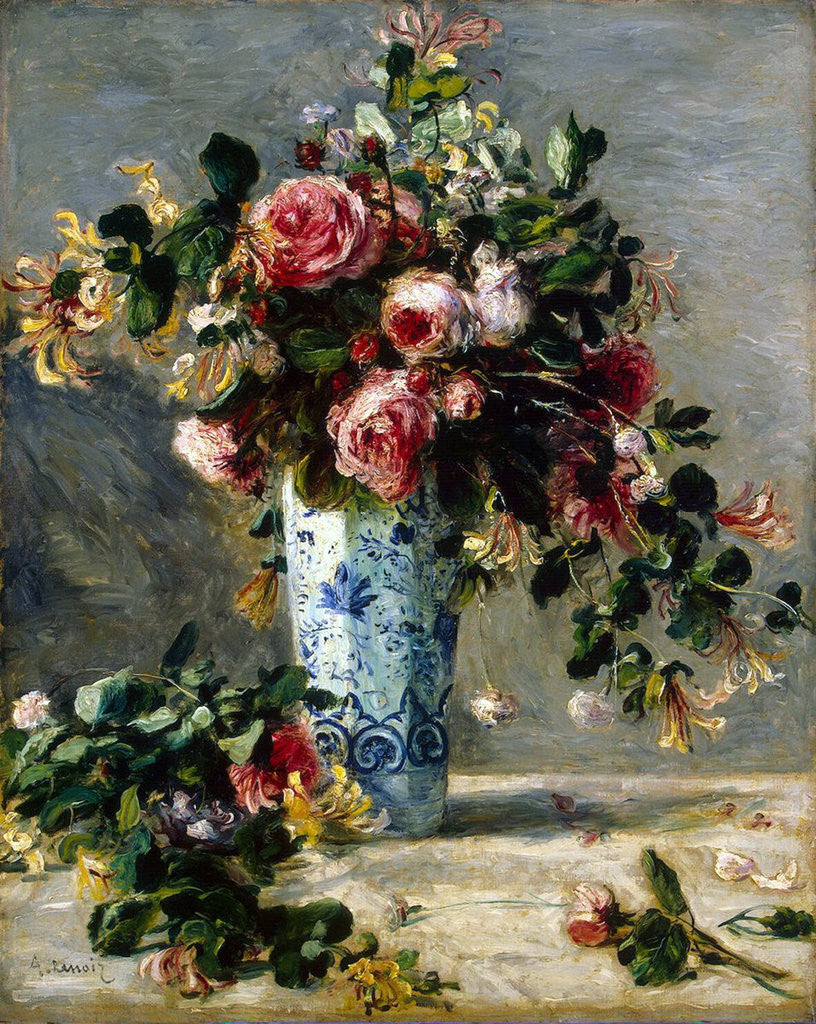 Roses and Jasmine in a Delft Vase by Pierre-Auguste Renoir