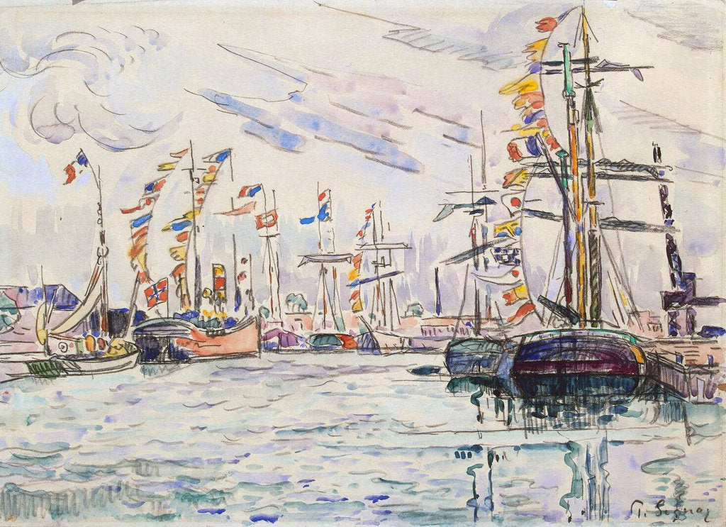 Detail of Sailboats with Holiday Flags at a Pier in Saint-Malo, 1920s. by Paul Signac