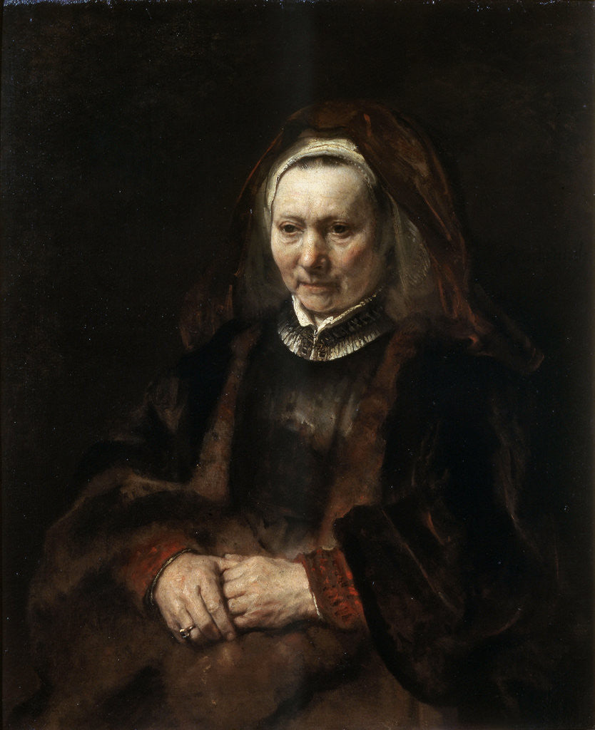 Detail of Portrait of an Elderly Woman by Rembrandt (Rembrandt van Rijn)