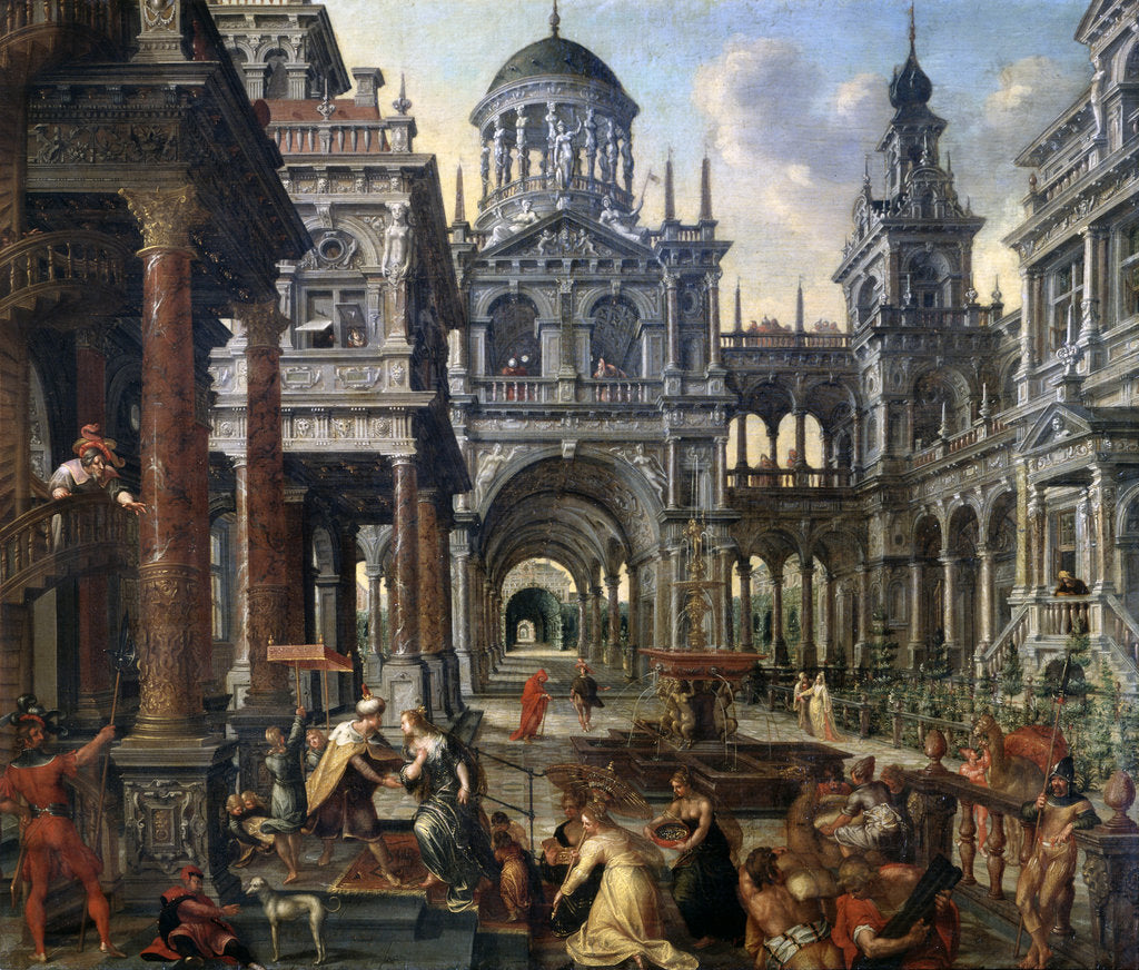 Detail of The Queen of Sheba before Solomon, 1601. by Hans Vredeman de Vries