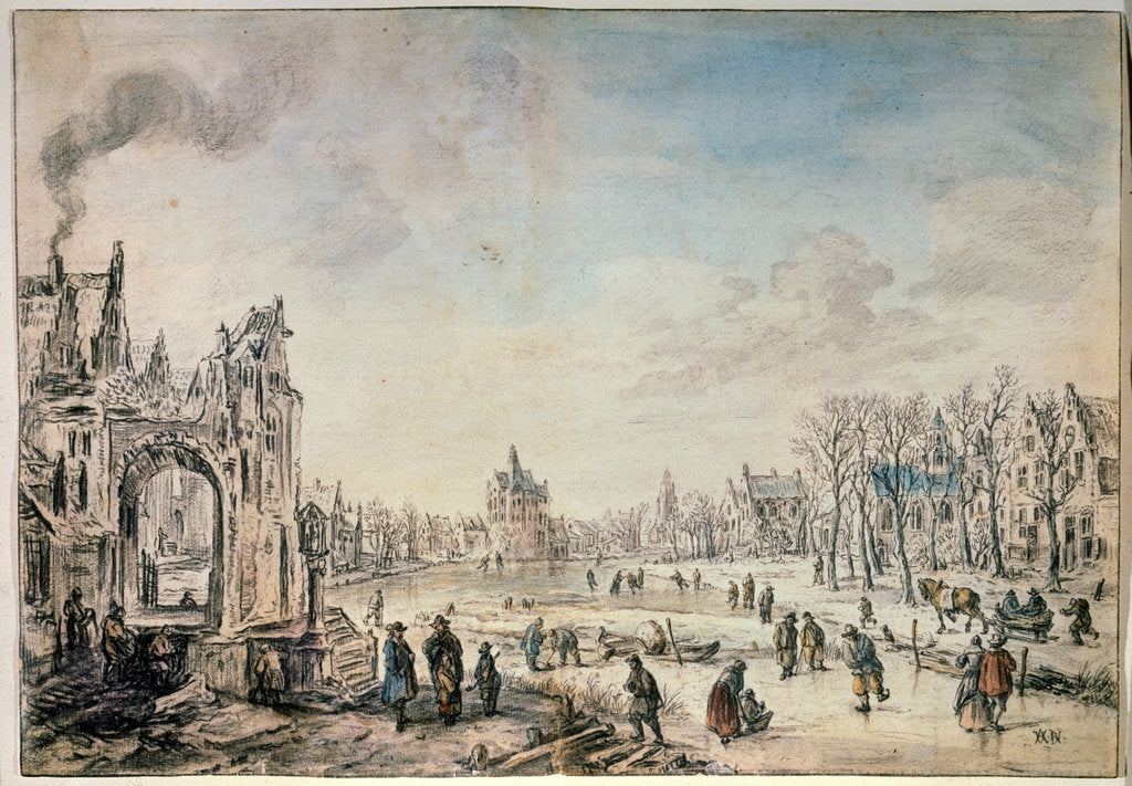 Detail of Winter Landscape with Skaters, Dutch painting of 17th century by Aert van der Neer