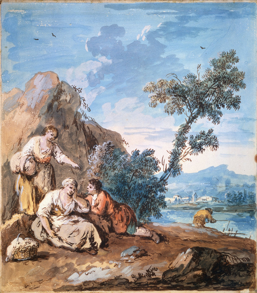 Detail of Three peasants resting on a river bank, c1750. by Giuseppe Zais