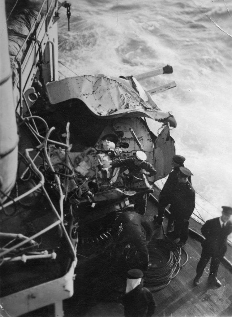 Detail of Damaged anti-aircraft gun on the British battleship HMS Malaya, off the coast of Portugal by Anonymous
