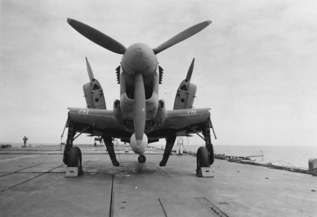 Detail of Fairey Firefly aircraft ready to be transported to the hangar lift, HMS Venerable by Anonymous